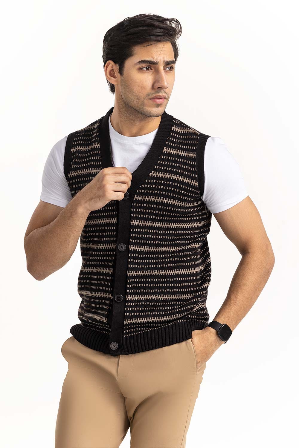 Brown Pattern Sleeveless Cardigan SWT-FSLCD22-123