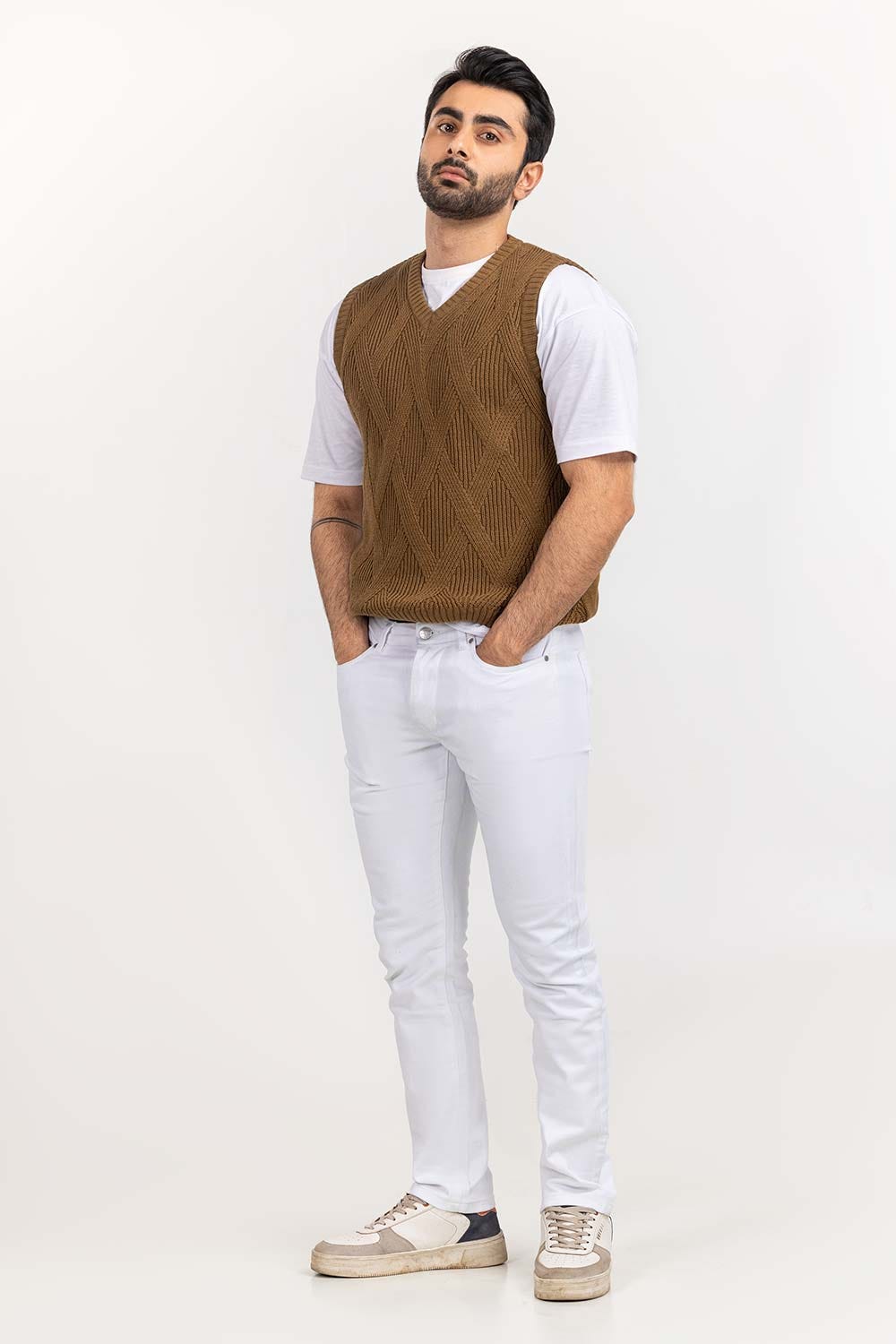 Brown Textured V Neck Sleeceless Sweater SWT-FSLVN22-205-2