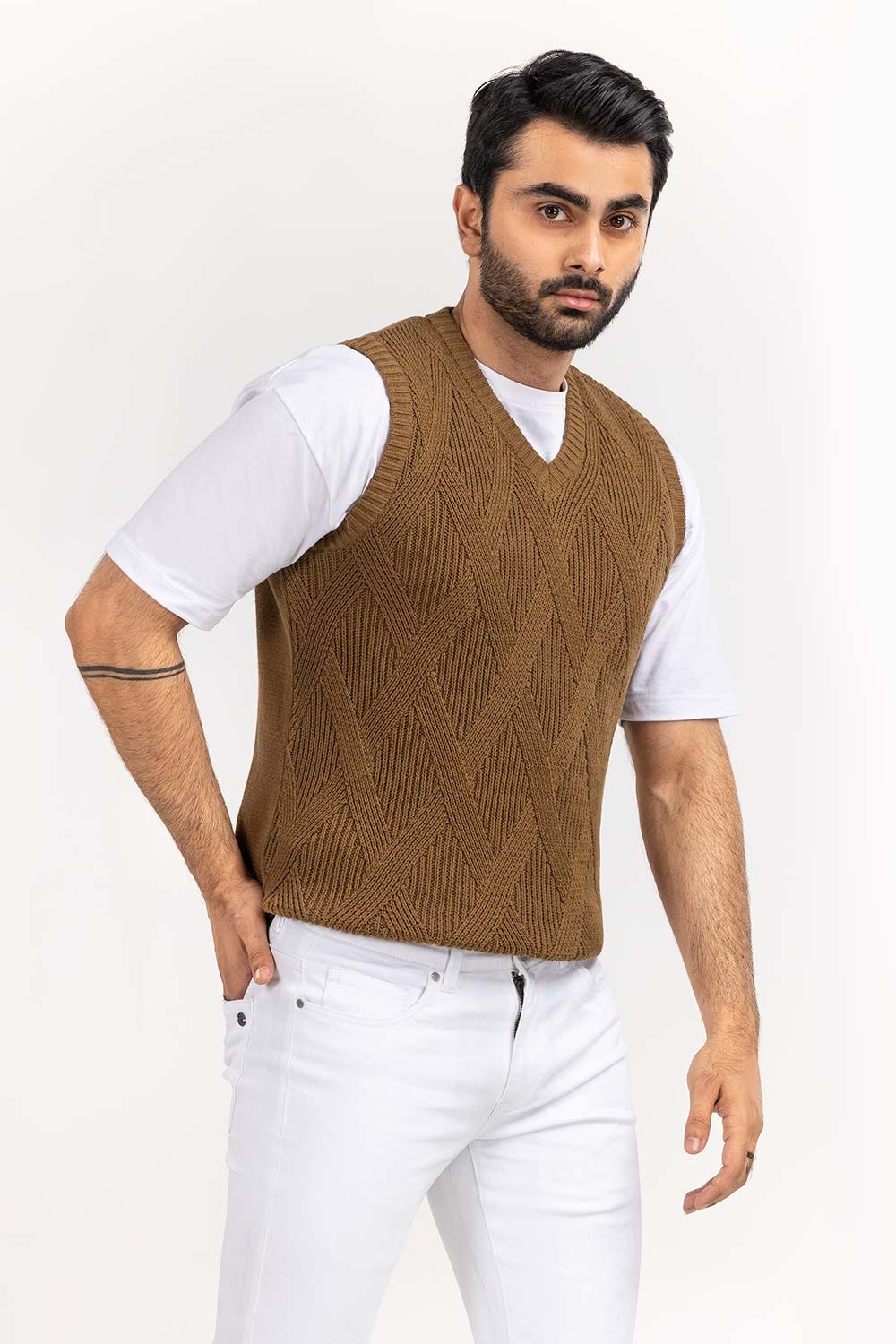 Brown Textured V Neck Sleeceless Sweater SWT-FSLVN22-205-2