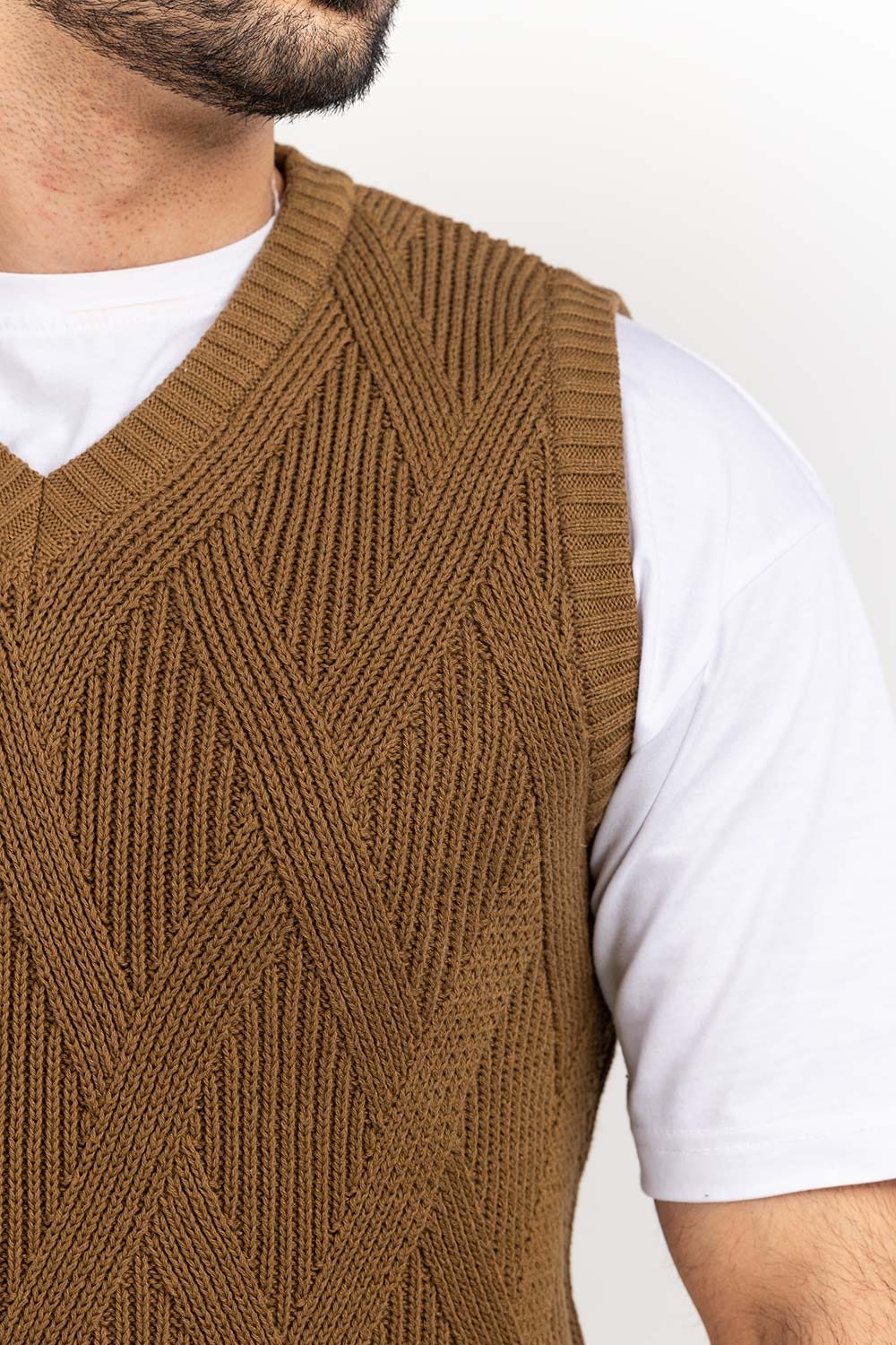 Brown Textured V Neck Sleeceless Sweater SWT-FSLVN22-205-2