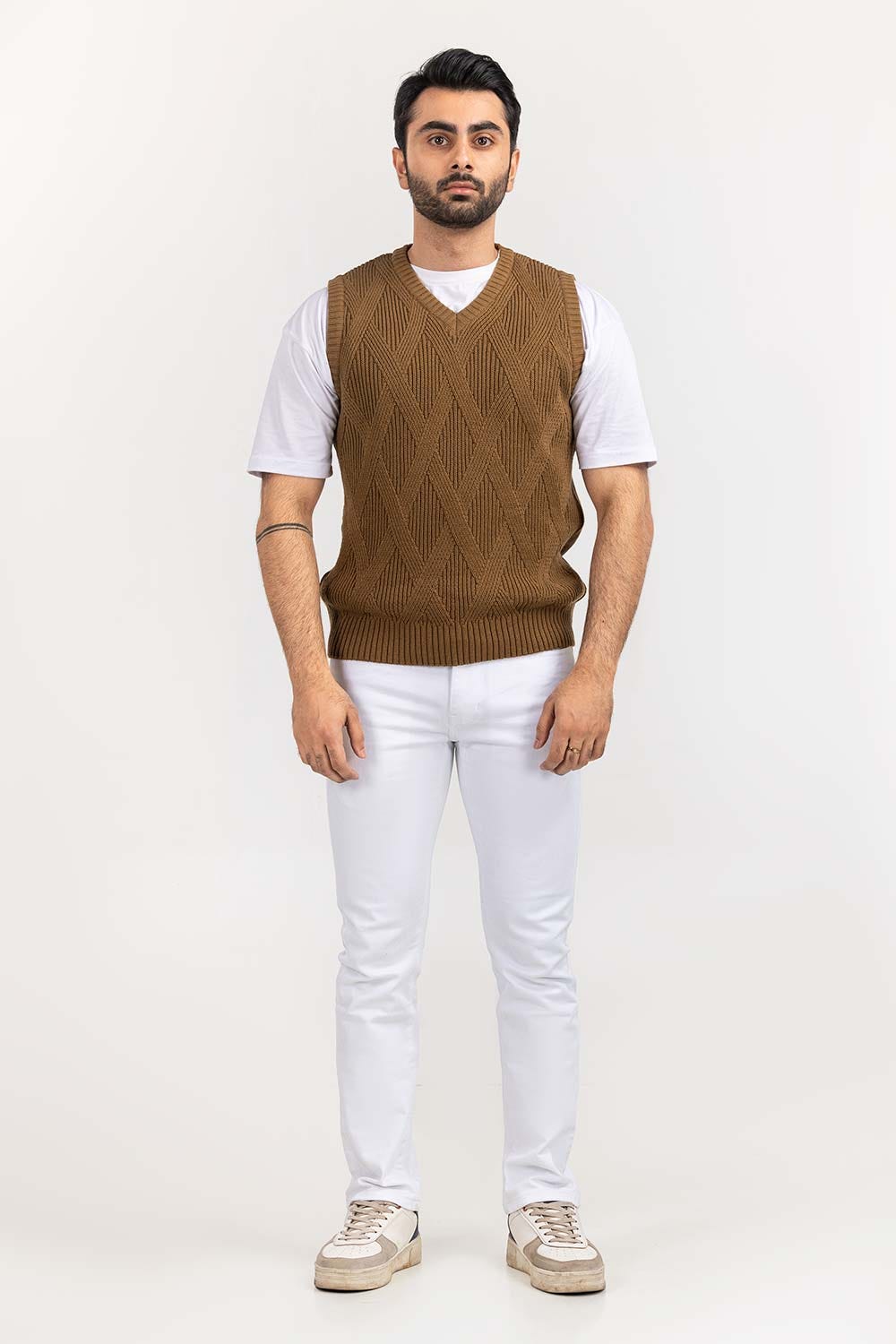 Brown Textured V Neck Sleeceless Sweater SWT-FSLVN22-205-2