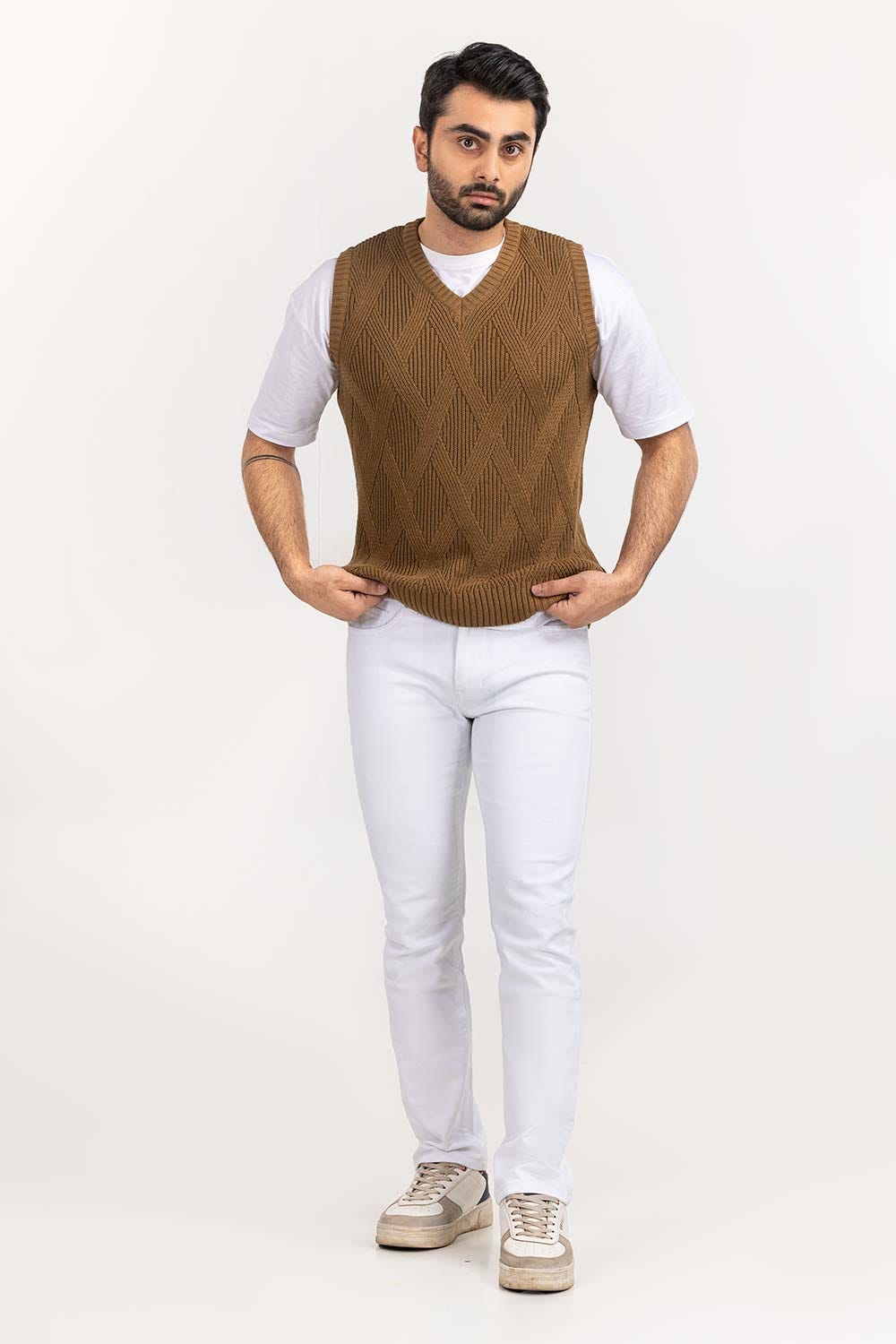 Brown Textured V Neck Sleeceless Sweater SWT-FSLVN22-205-2