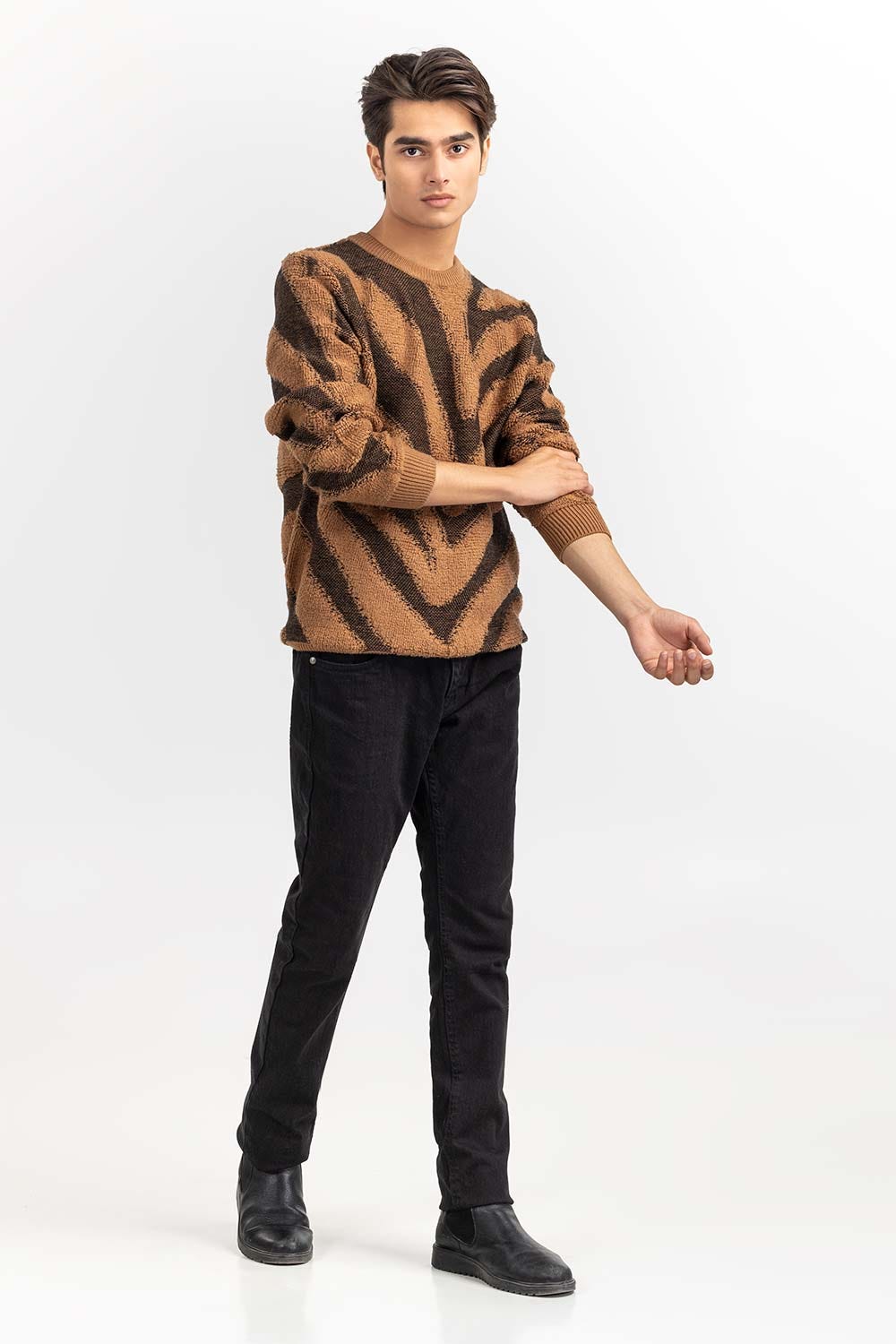 Camel Black Zebra Striped Crew Neck Sweater SWT-FFSCN22-235-1