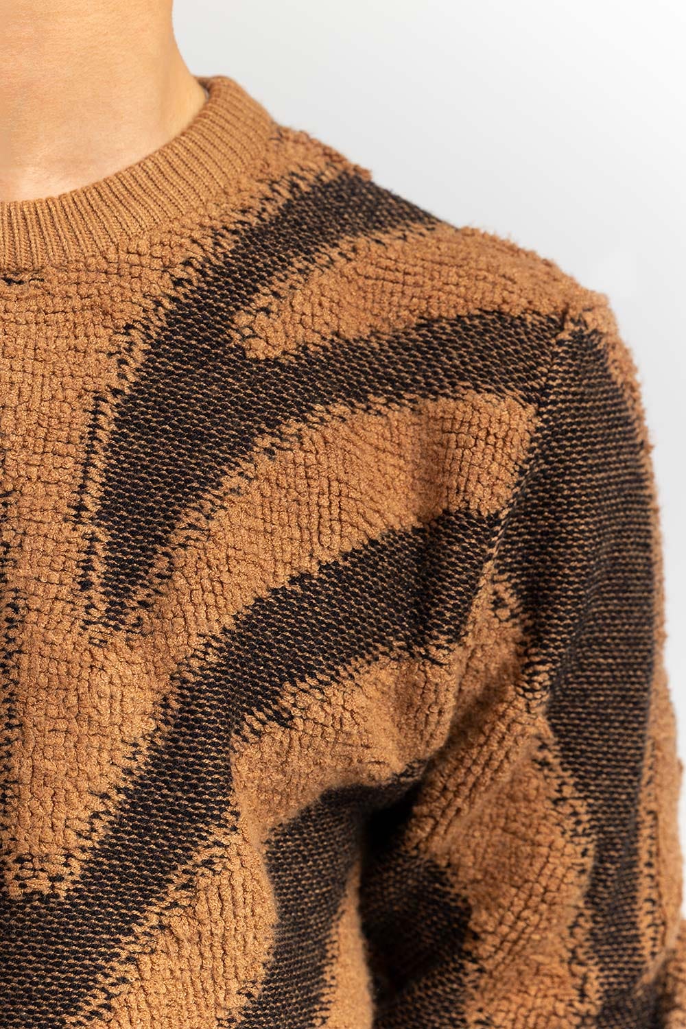Camel Black Zebra Striped Crew Neck Sweater SWT-FFSCN22-235-1