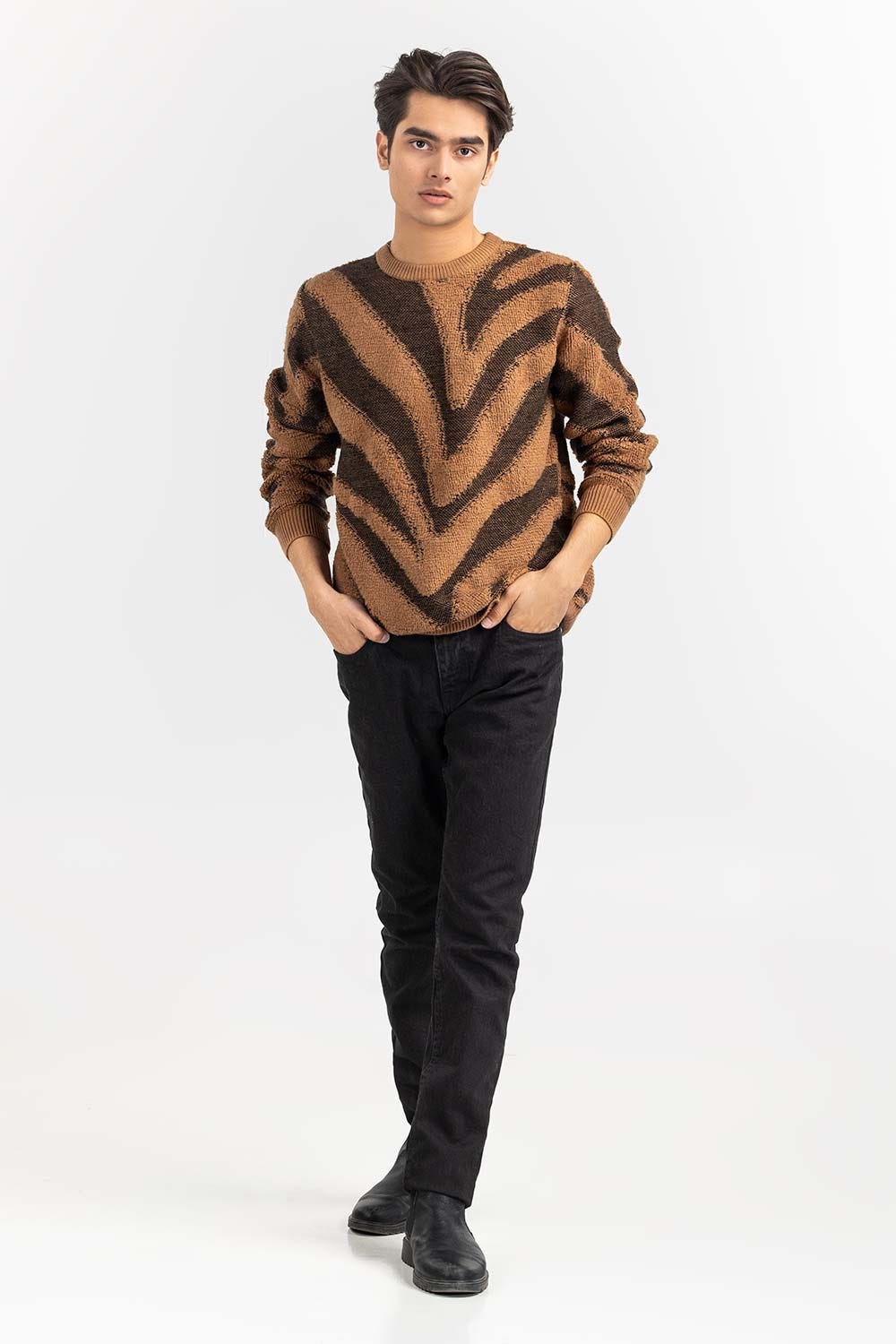 Camel Black Zebra Striped Crew Neck Sweater SWT-FFSCN22-235-1