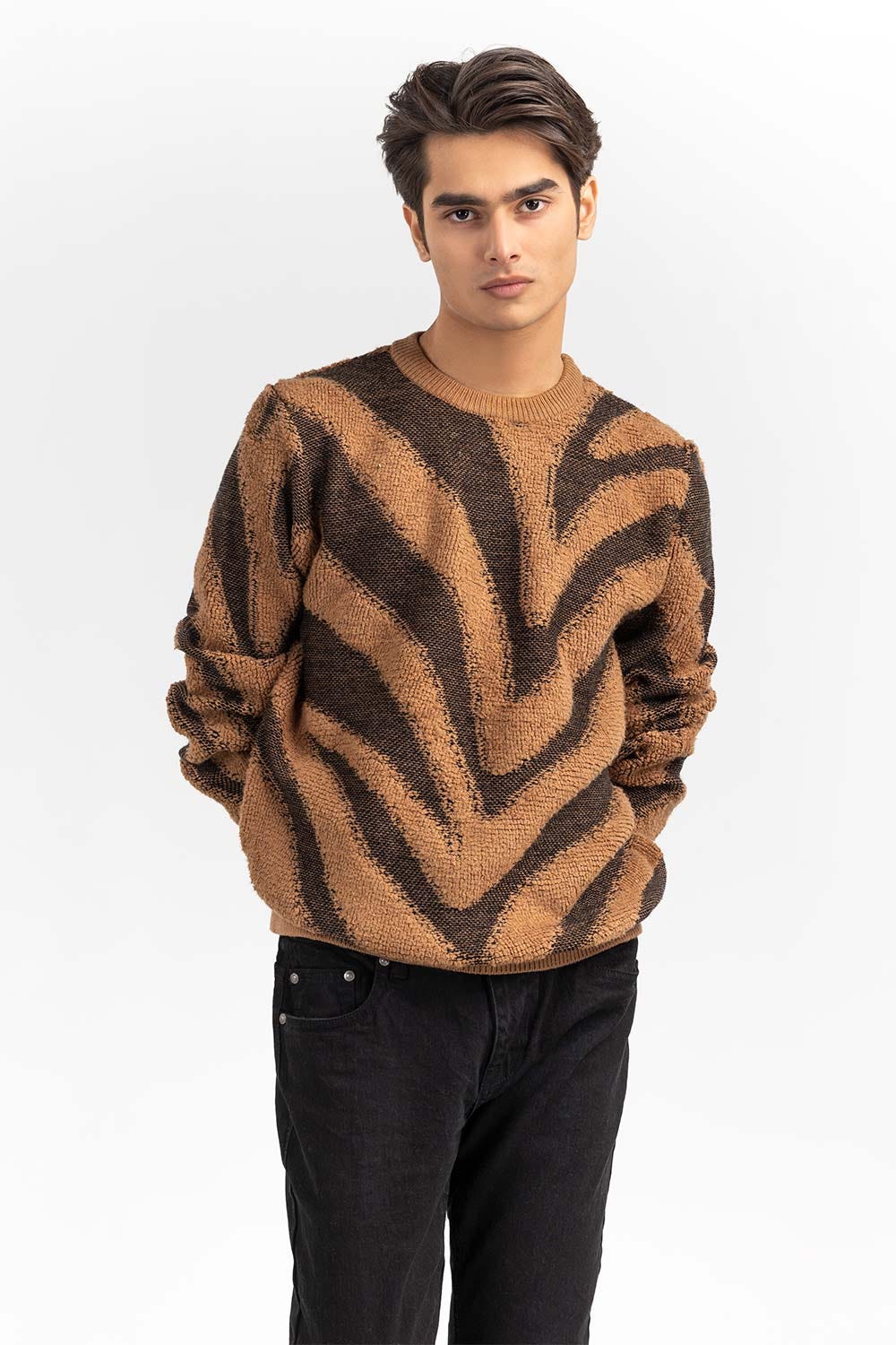 Camel Black Zebra Striped Crew Neck Sweater SWT-FFSCN22-235-1