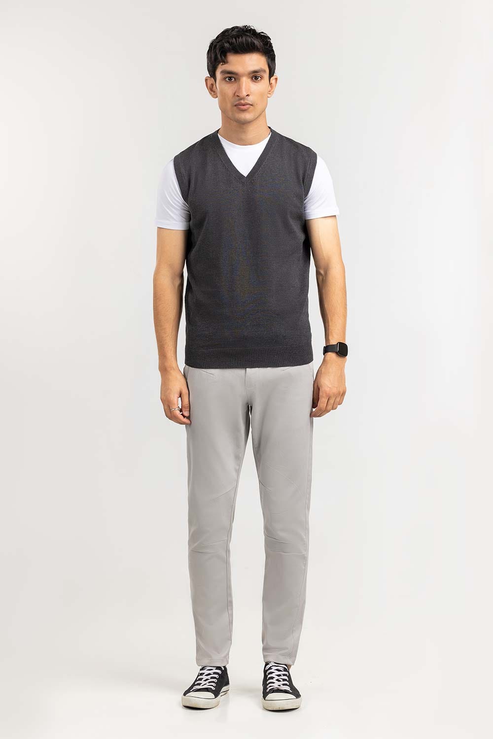 Charcoal Basic V Neck Sleeveless Sweater SWT-BSLVN-22-001