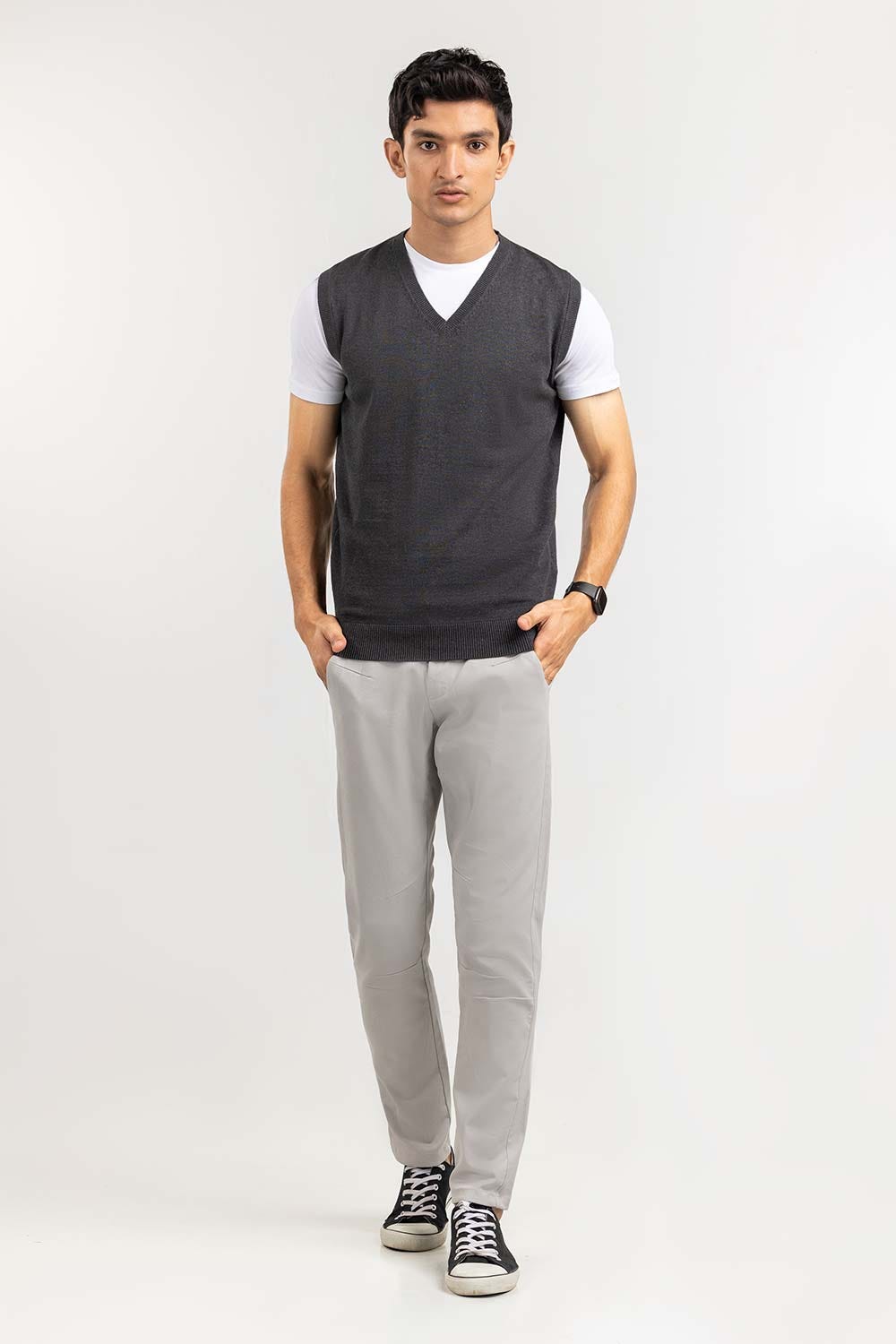 Charcoal Basic V Neck Sleeveless Sweater SWT-BSLVN-22-001