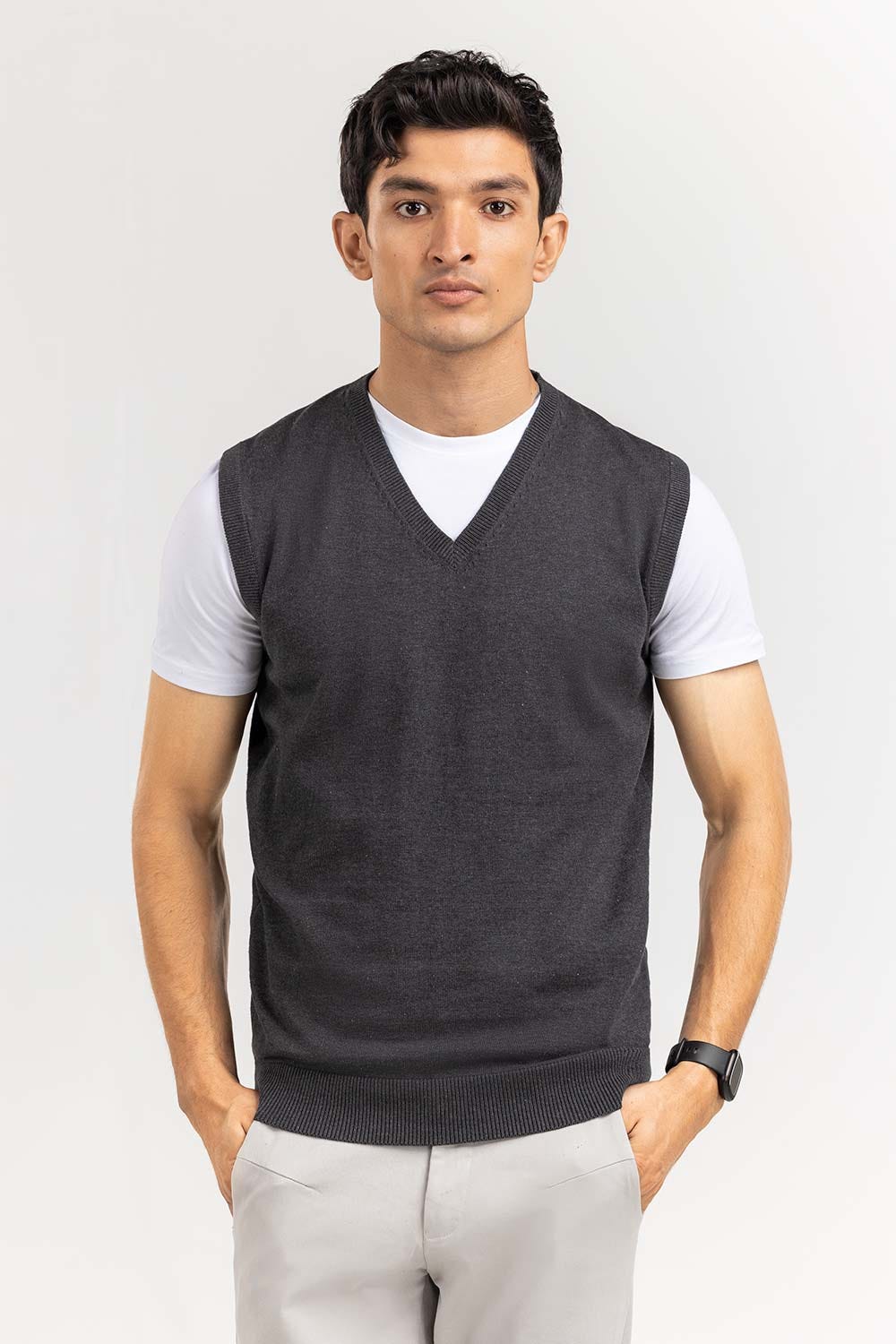 Charcoal Basic V Neck Sleeveless Sweater SWT-BSLVN-22-001