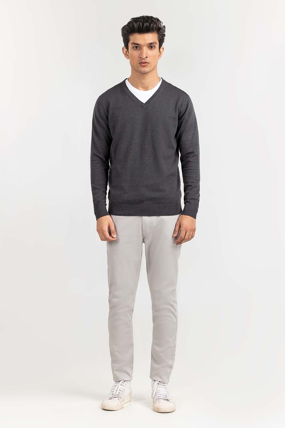 Charcoal Basic V Neck Sweater SWT-BFSVN-22-005