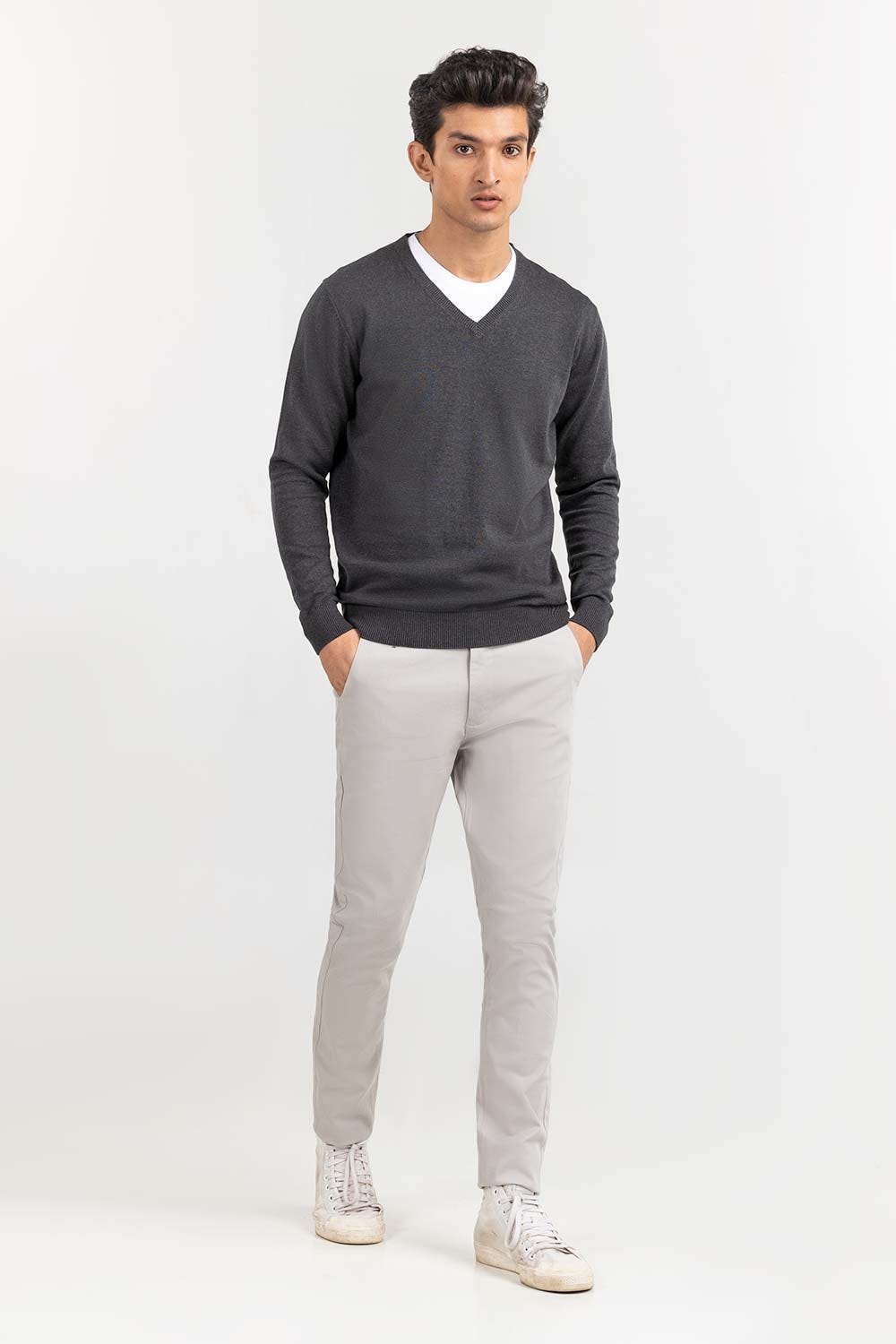 Charcoal Basic V Neck Sweater SWT-BFSVN-22-005