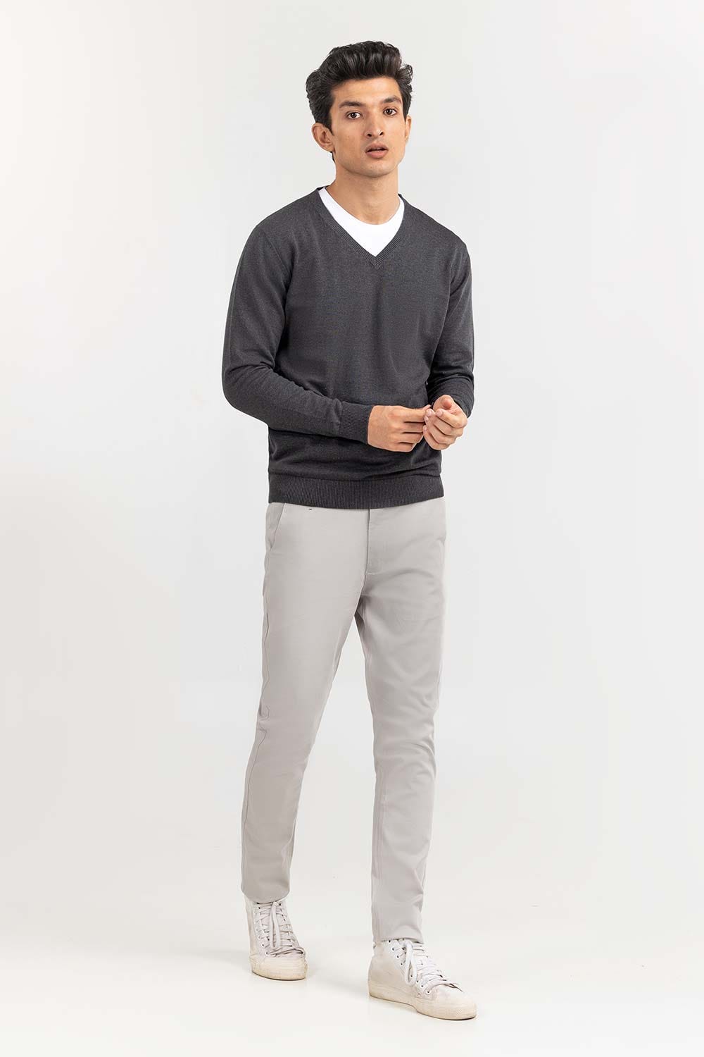 Charcoal Basic V Neck Sweater SWT-BFSVN-22-005