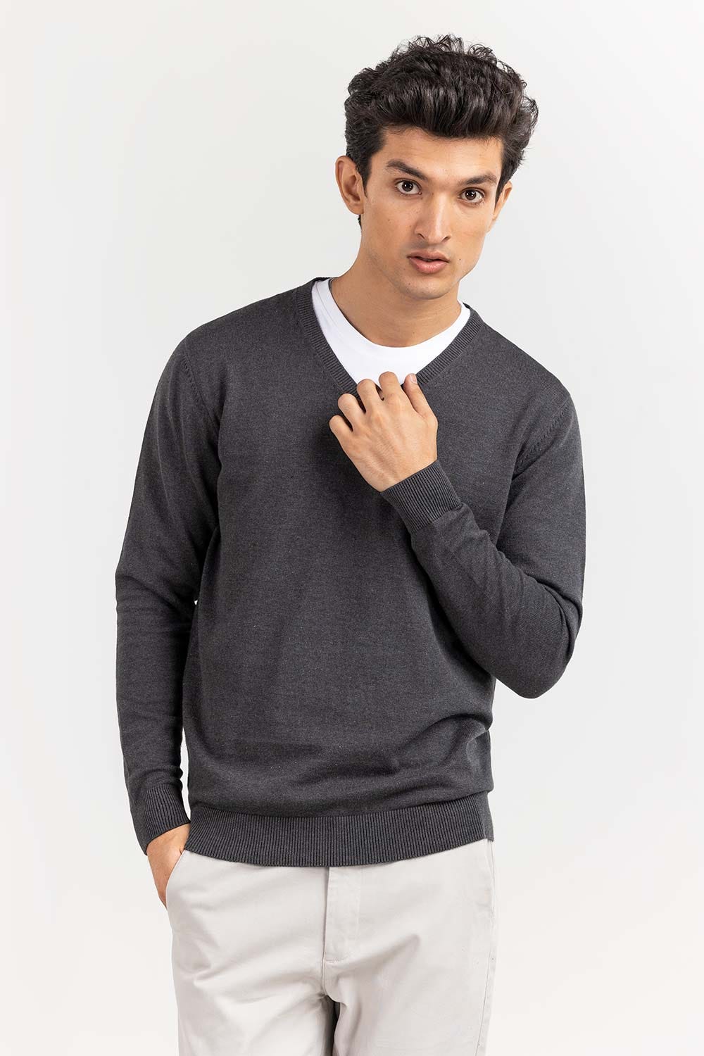 Charcoal Basic V Neck Sweater SWT-BFSVN-22-005