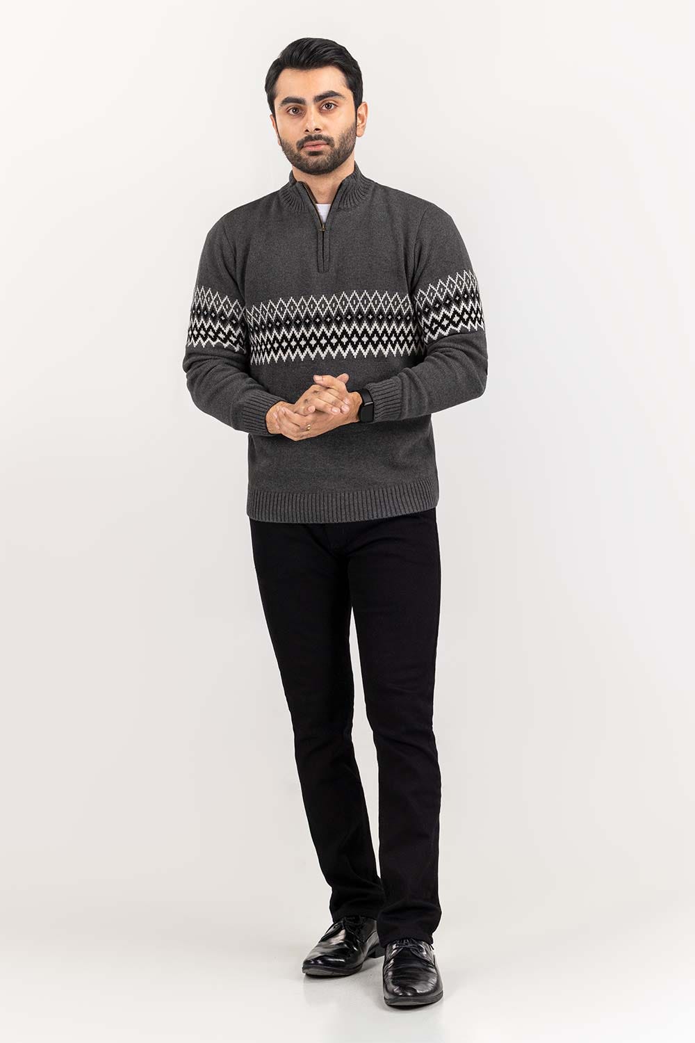 Charcoal Navajo Mock Neck Half Zip Sweater SWT-FFSCN22-180