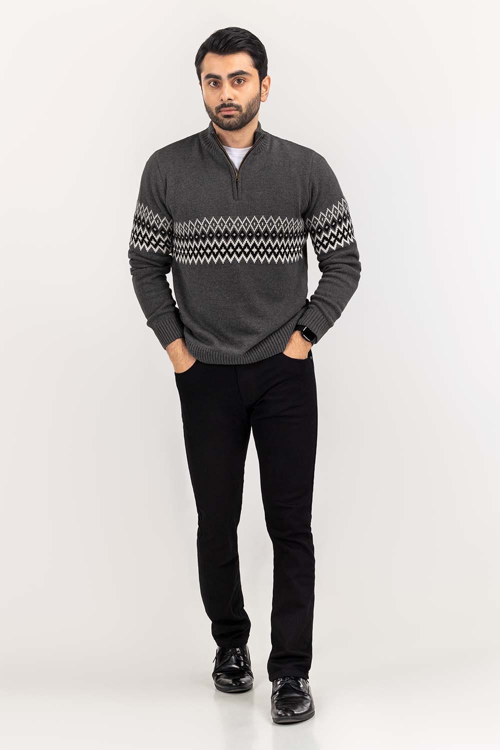 Charcoal Navajo Mock Neck Half Zip Sweater SWT-FFSCN22-180