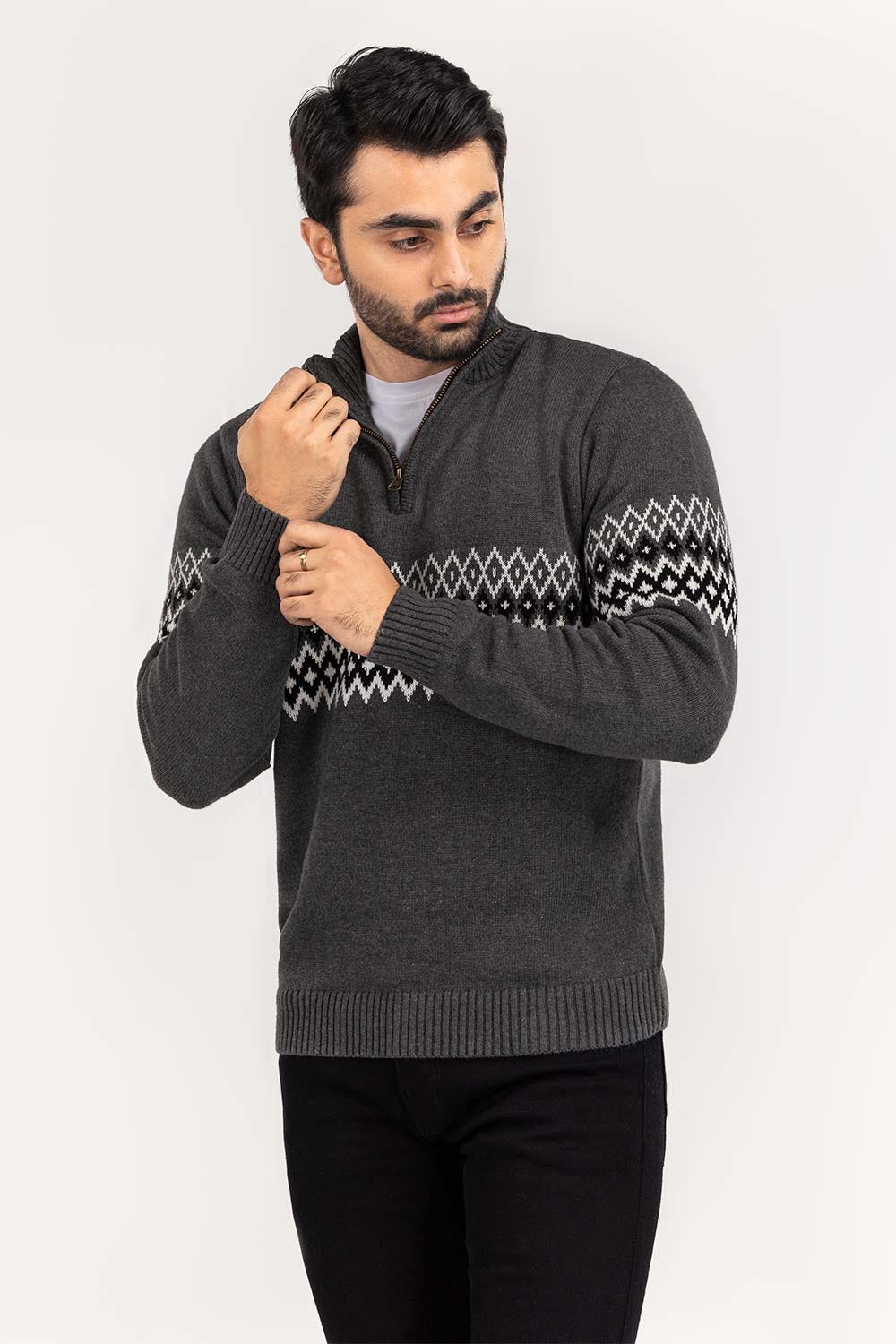 Charcoal Navajo Mock Neck Half Zip Sweater SWT-FFSCN22-180