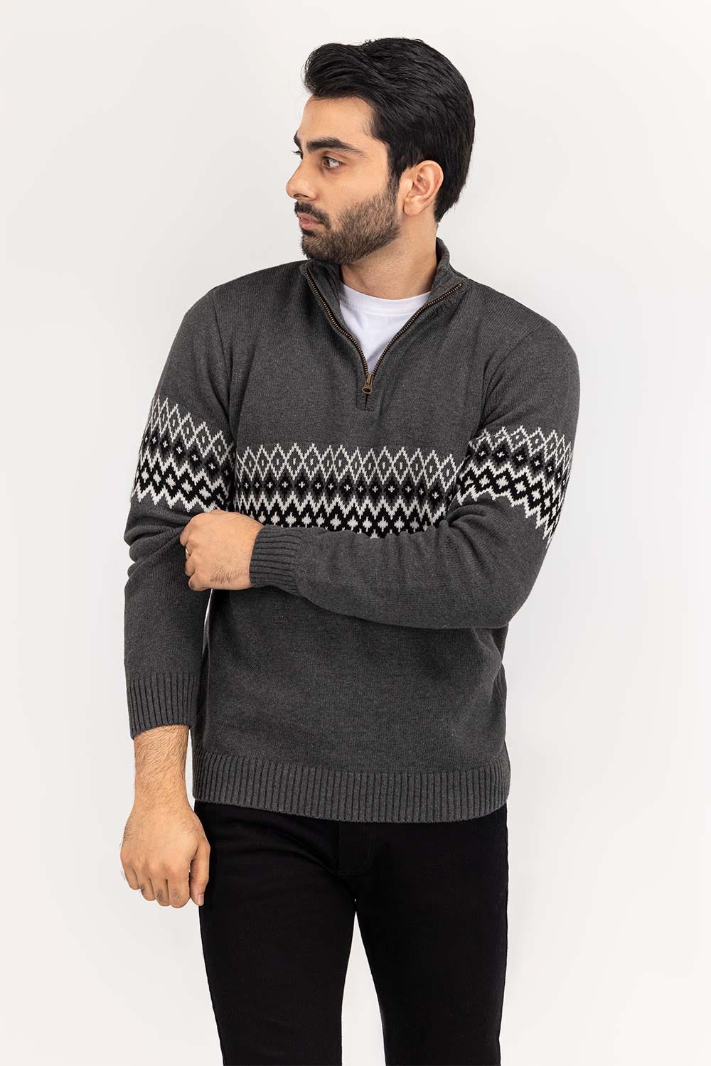 Charcoal Navajo Mock Neck Half Zip Sweater SWT-FFSCN22-180