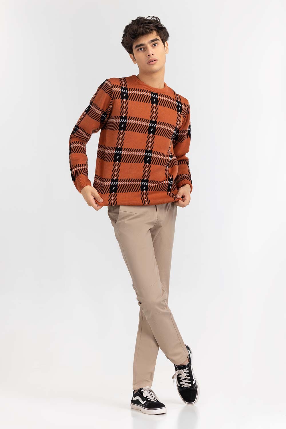 Cinnamon Checkered Crew Neck Sweater SWT-FFSCN22-115