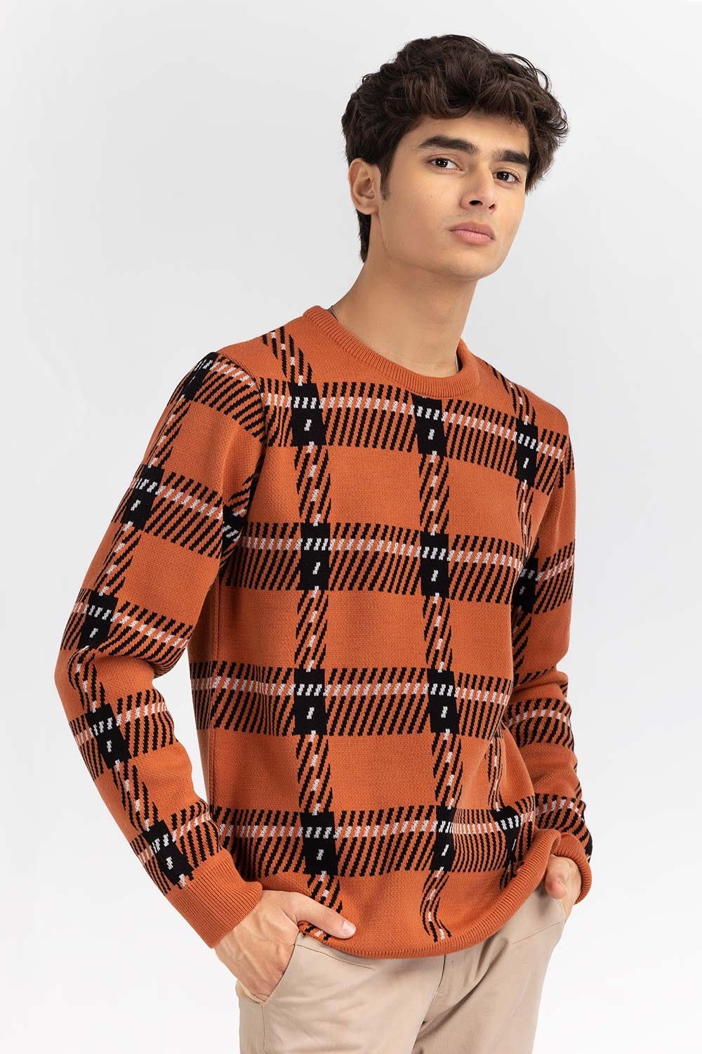 Cinnamon Checkered Crew Neck Sweater SWT-FFSCN22-115