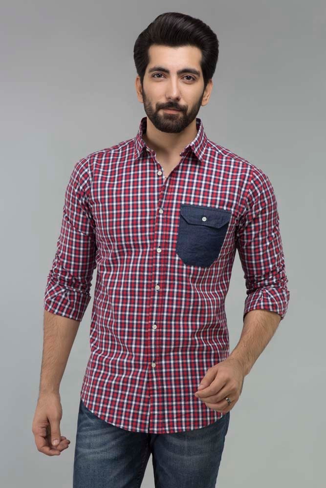 Red Navy Check Casual Shirt CM-YD-2199  CS