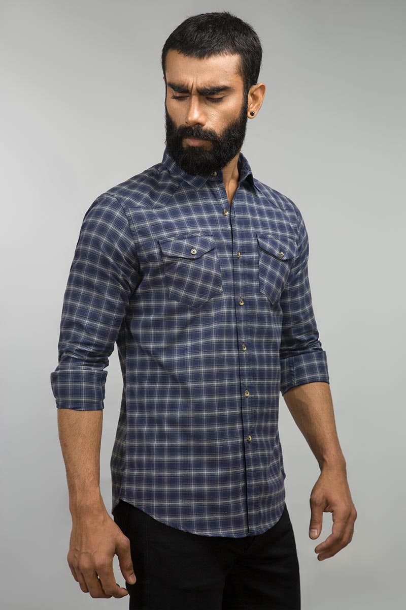 Navy Grey Checked Causal Shirt Yarn Dyed CM-YD-2638 CS