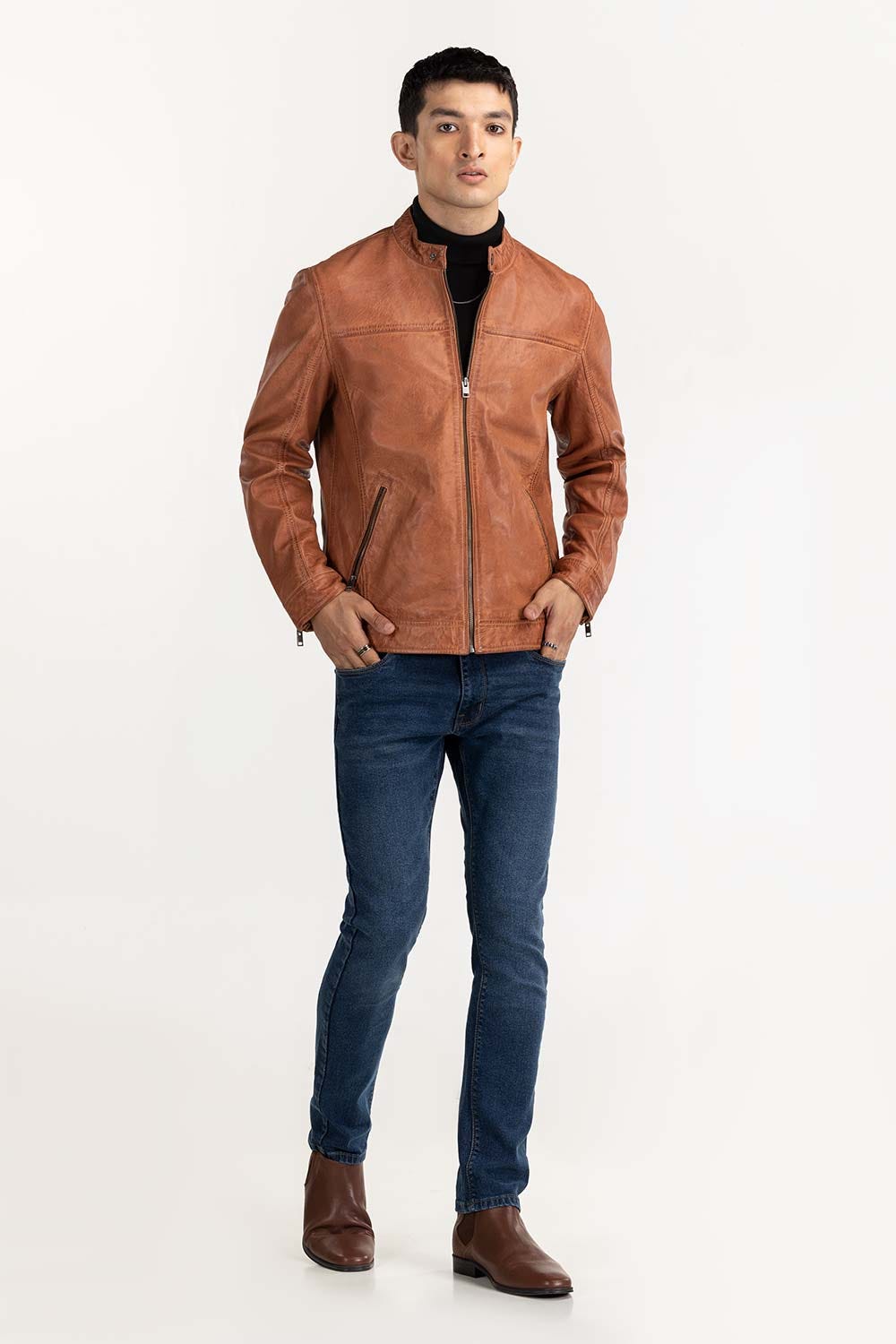 Cognac Leather Moto Racer Jacket JKT-LTH22-050