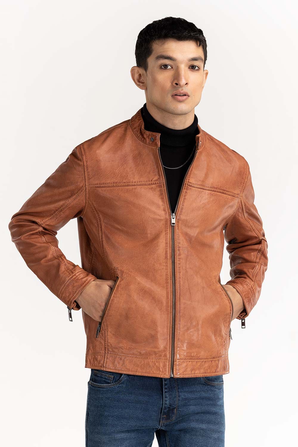 Cognac Leather Moto Racer Jacket JKT-LTH22-050