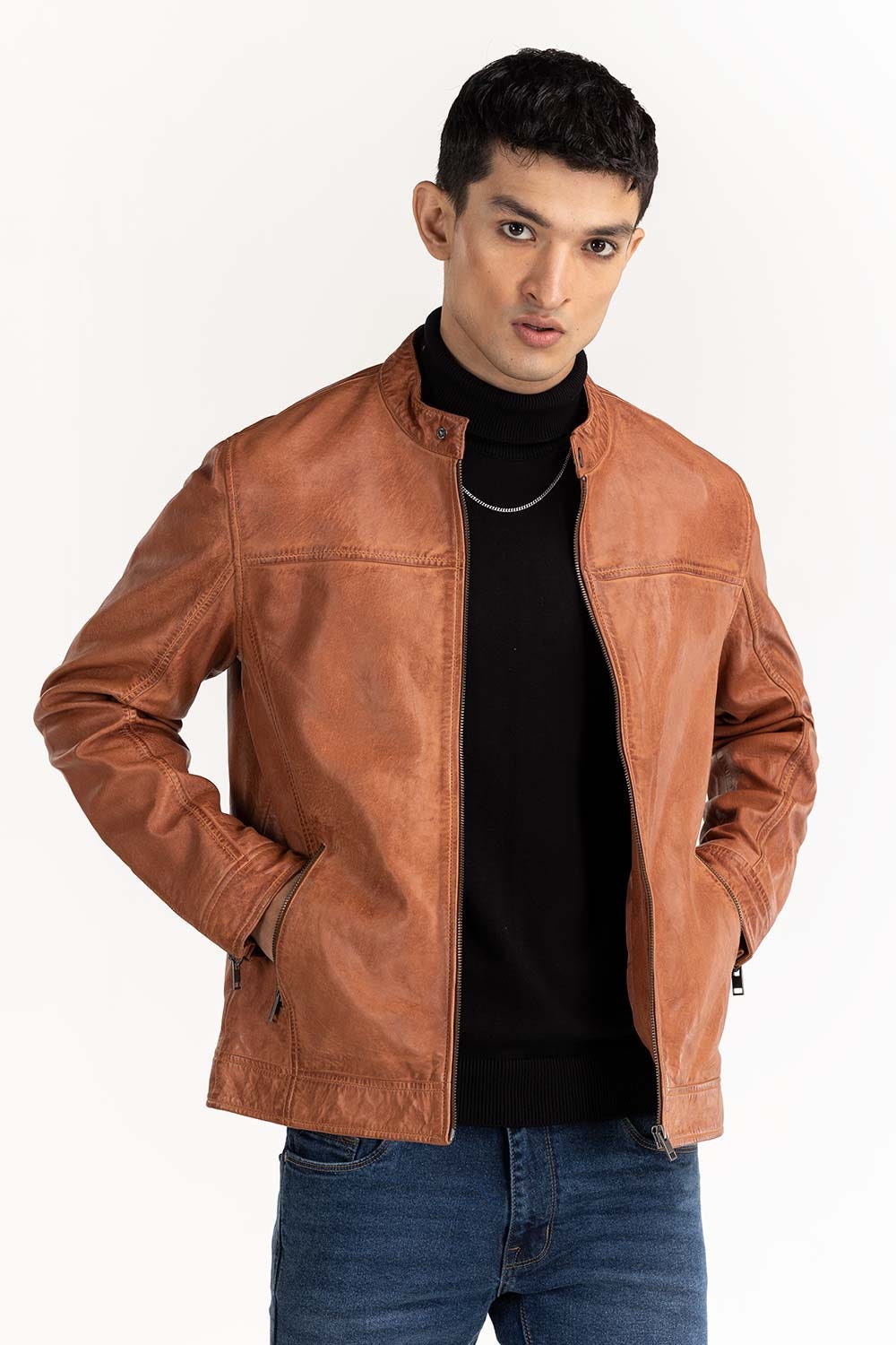 Cognac Leather Moto Racer Jacket JKT-LTH22-050