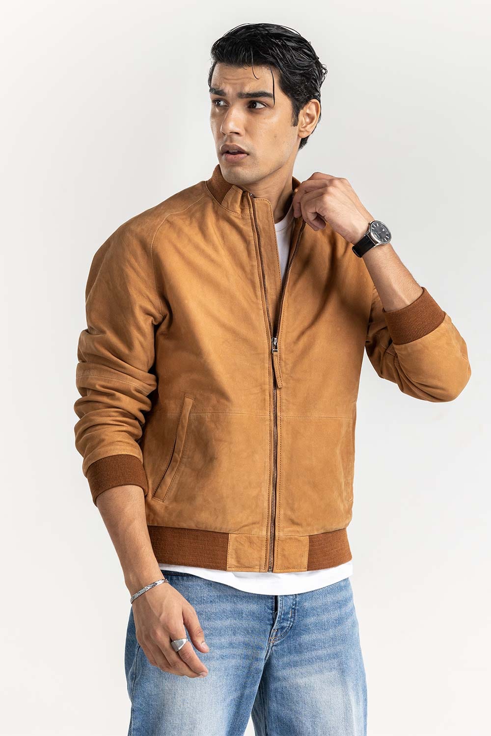 Cognac Suede Leather Raglan Sleeve Jacket JKT-LTH22-044