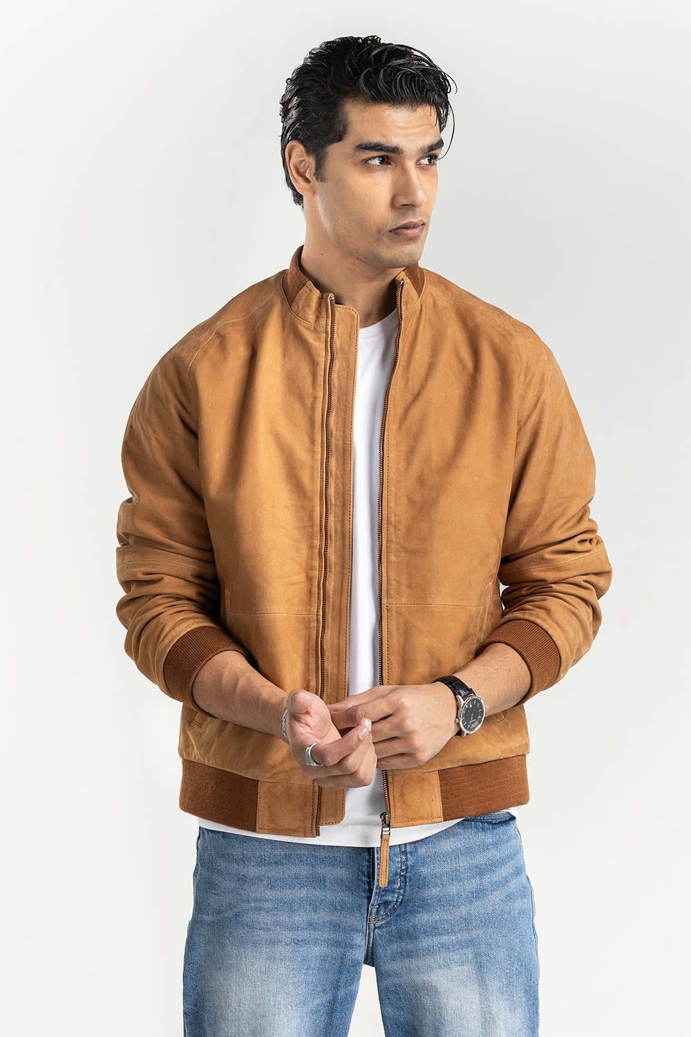 Cognac Suede Leather Raglan Sleeve Jacket JKT-LTH22-044