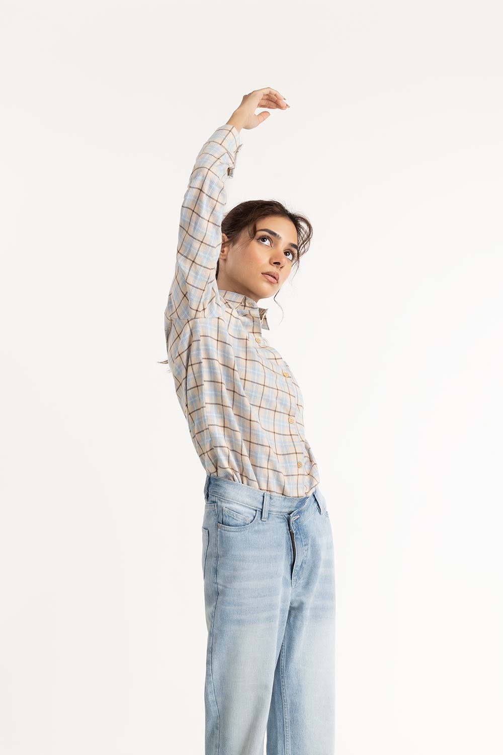 Cream Checkered Button Down Shirt 224-217-010