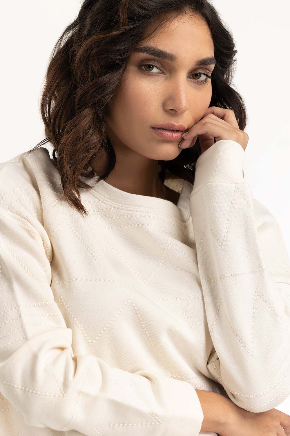 Cream Embroidered Sweatshirt 224-212-045