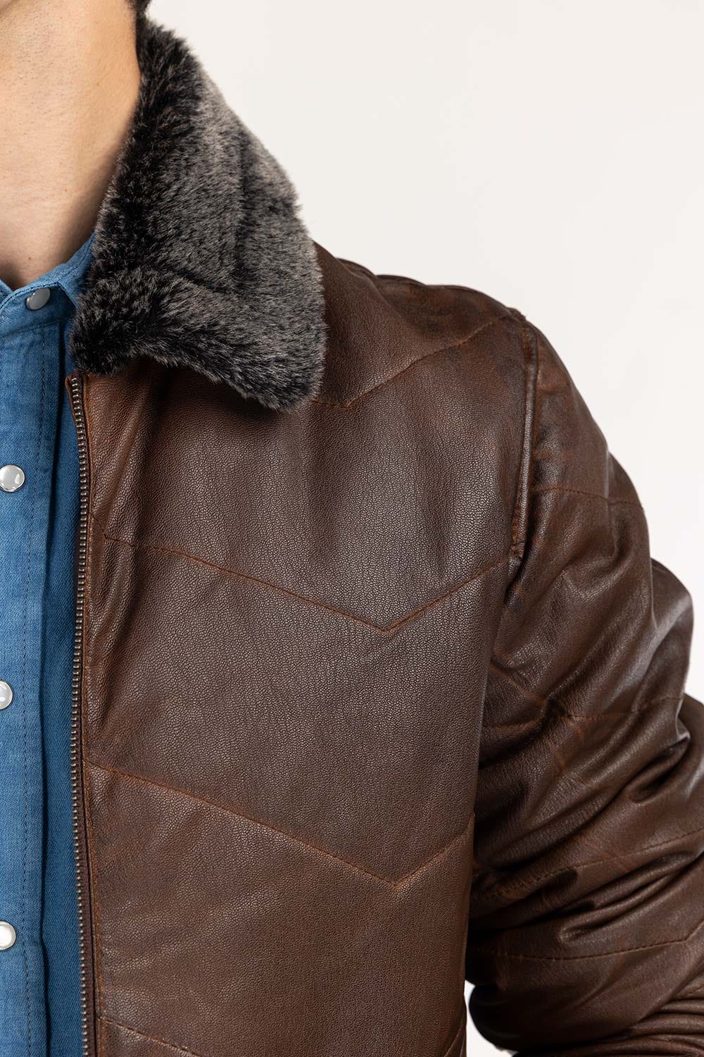 Dark Brown Quilted Leather Jacket With Fur Collar JKT-LTH22-002