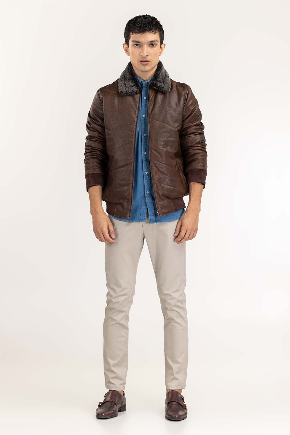 Dark Brown Quilted Leather Jacket With Fur Collar JKT-LTH22-002