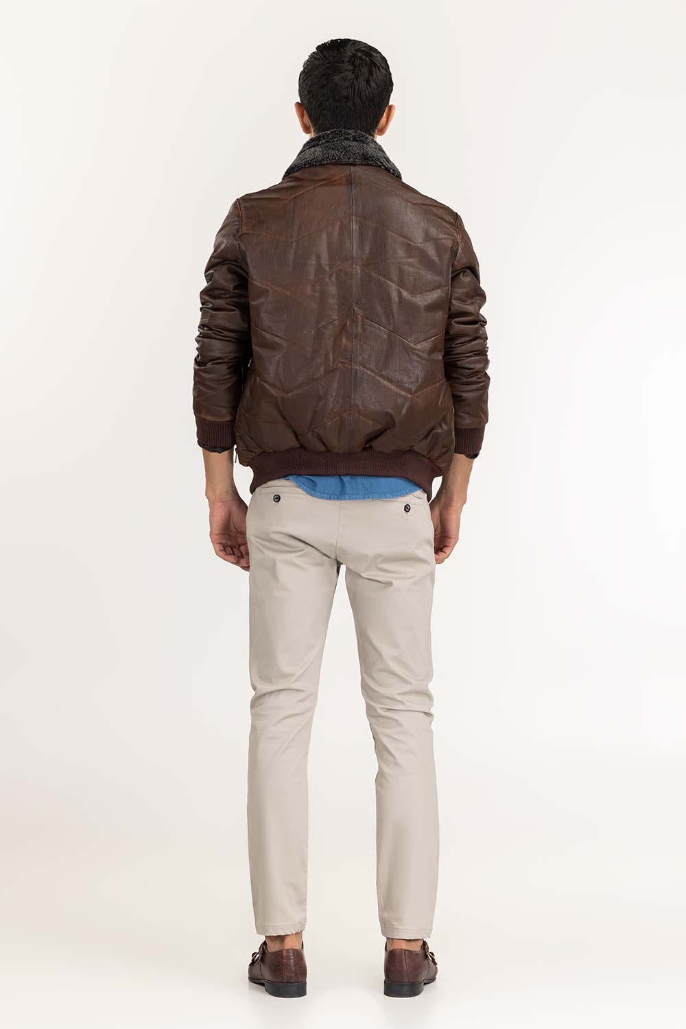 Dark Brown Quilted Leather Jacket With Fur Collar JKT-LTH22-002