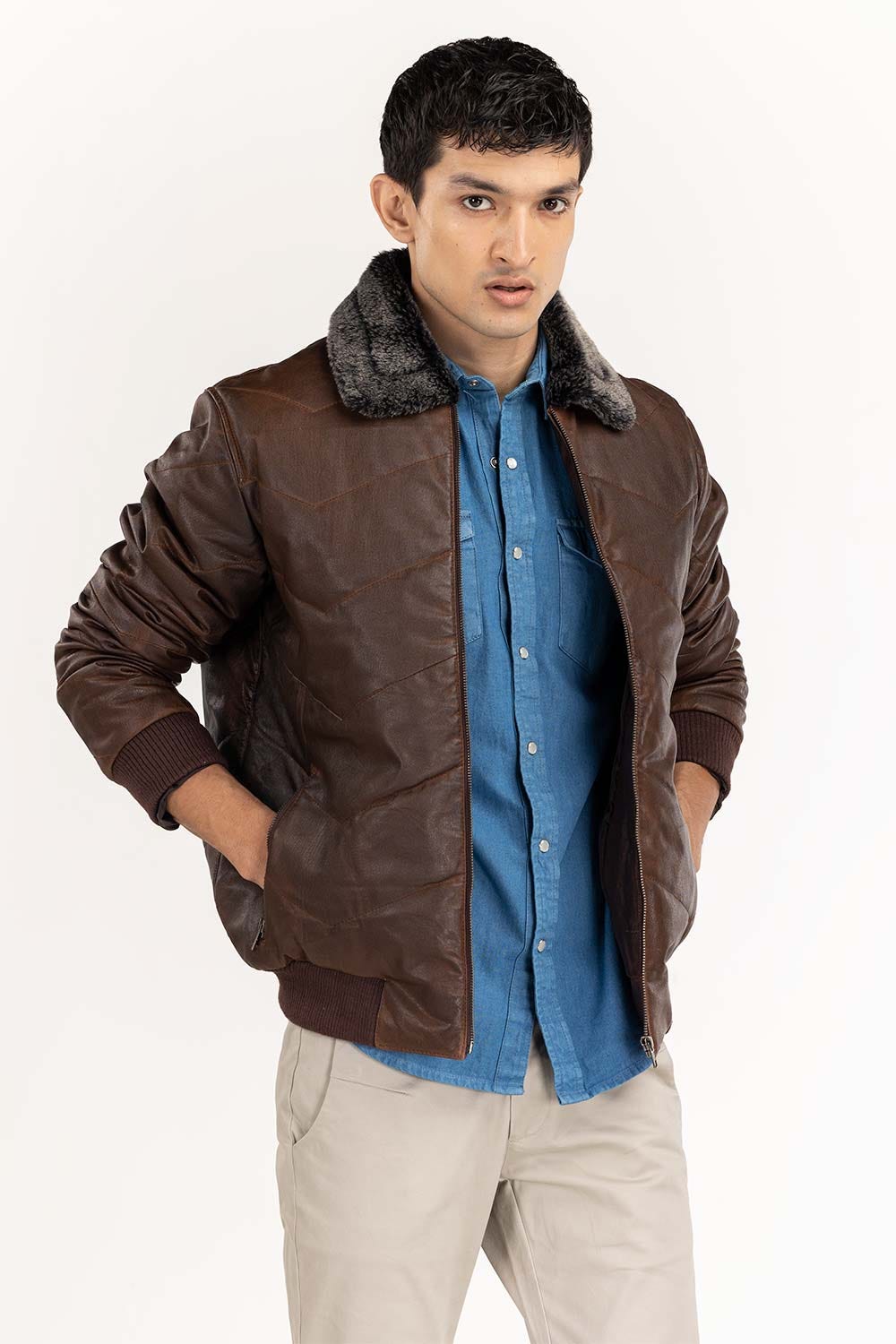 Dark Brown Quilted Leather Jacket With Fur Collar JKT-LTH22-002