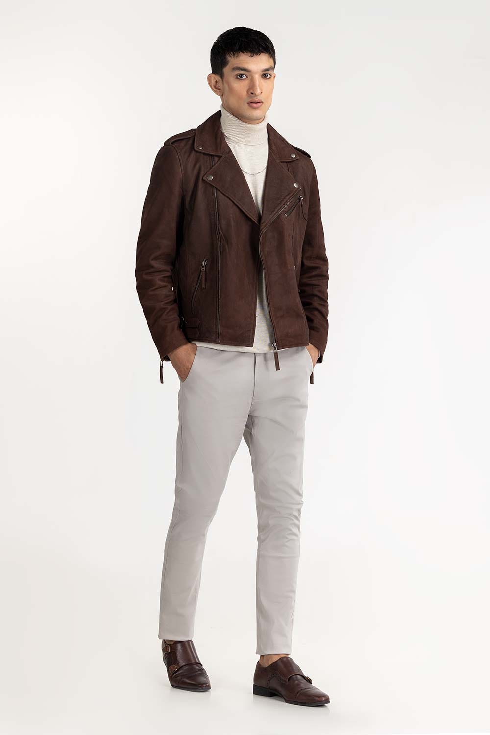 Dark Brown Suede Leather Biker Jacket JKT-LTH22-034