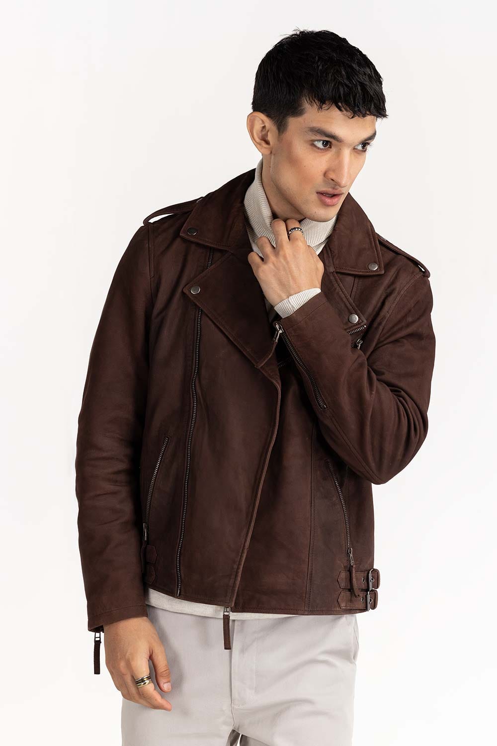Dark Brown Suede Leather Biker Jacket JKT-LTH22-034