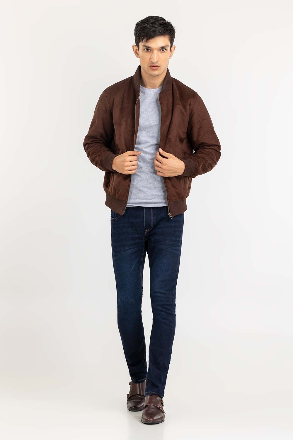 Dark Brown Suede Leather Bomber Jacket JKT-LTH22-004