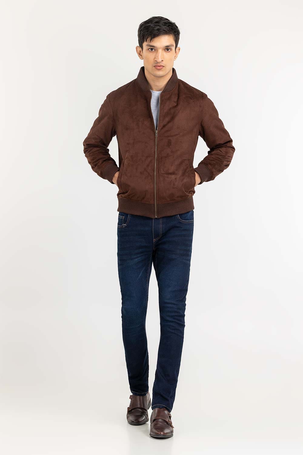 Dark Brown Suede Leather Bomber Jacket JKT-LTH22-004