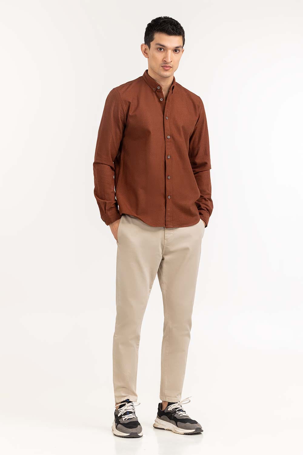 Dark Brown Tweet Slim Casual Shirt 224-117-045
