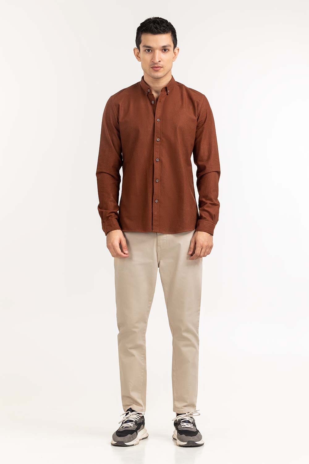 Dark Brown Tweet Slim Casual Shirt 224-117-045