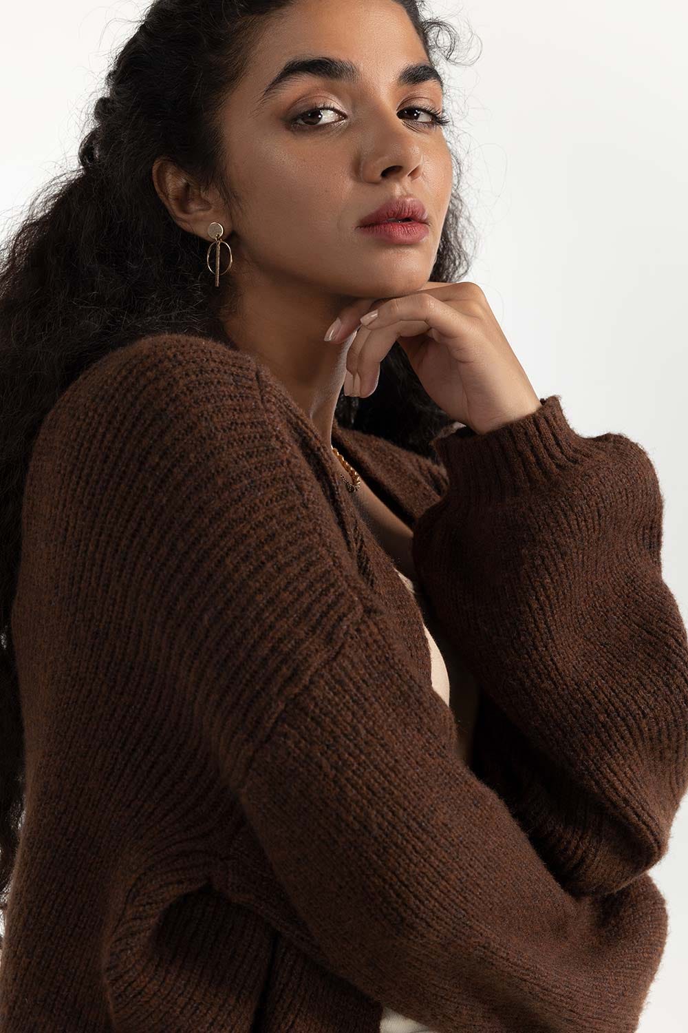 Brown Ballon Sleeves Open Cardigan 224-211-076