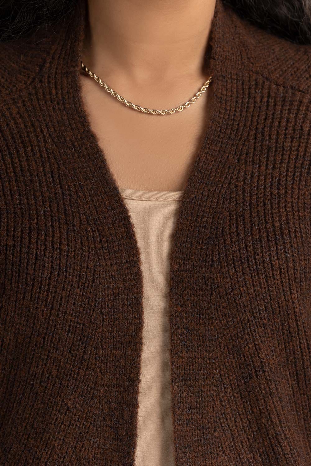 Brown Ballon Sleeves Open Cardigan 224-211-076