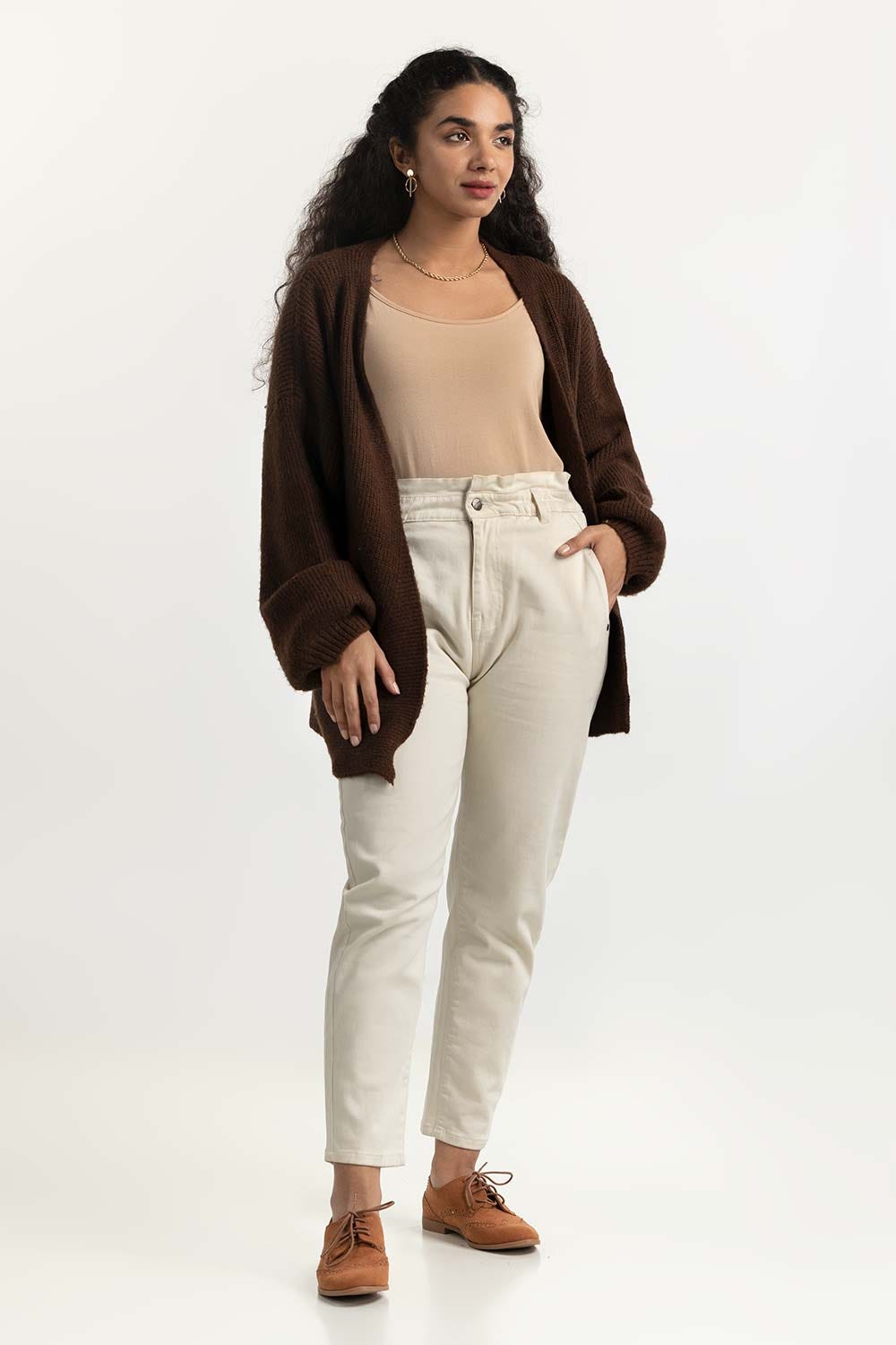 Brown Ballon Sleeves Open Cardigan 224-211-076