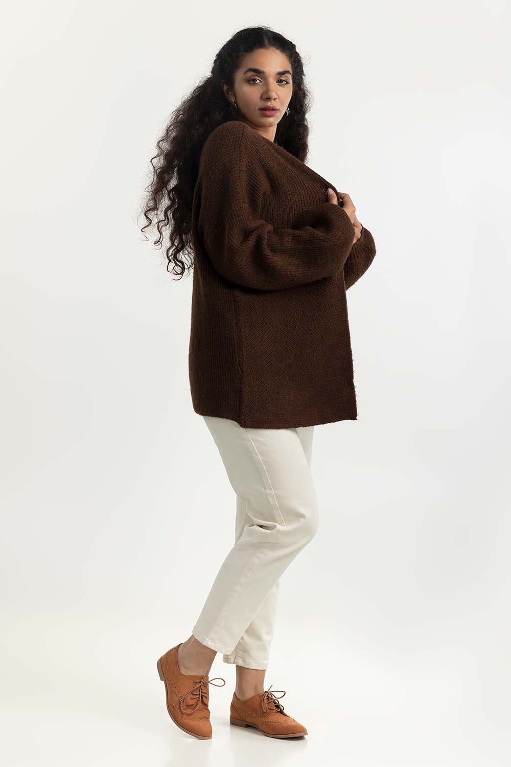 Brown Ballon Sleeves Open Cardigan 224-211-076