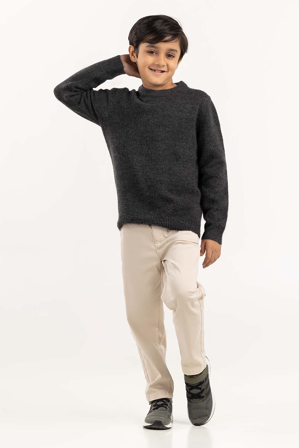 Junior Boy Dark Grey Knit Sweater With A Round Neck 224-311-009