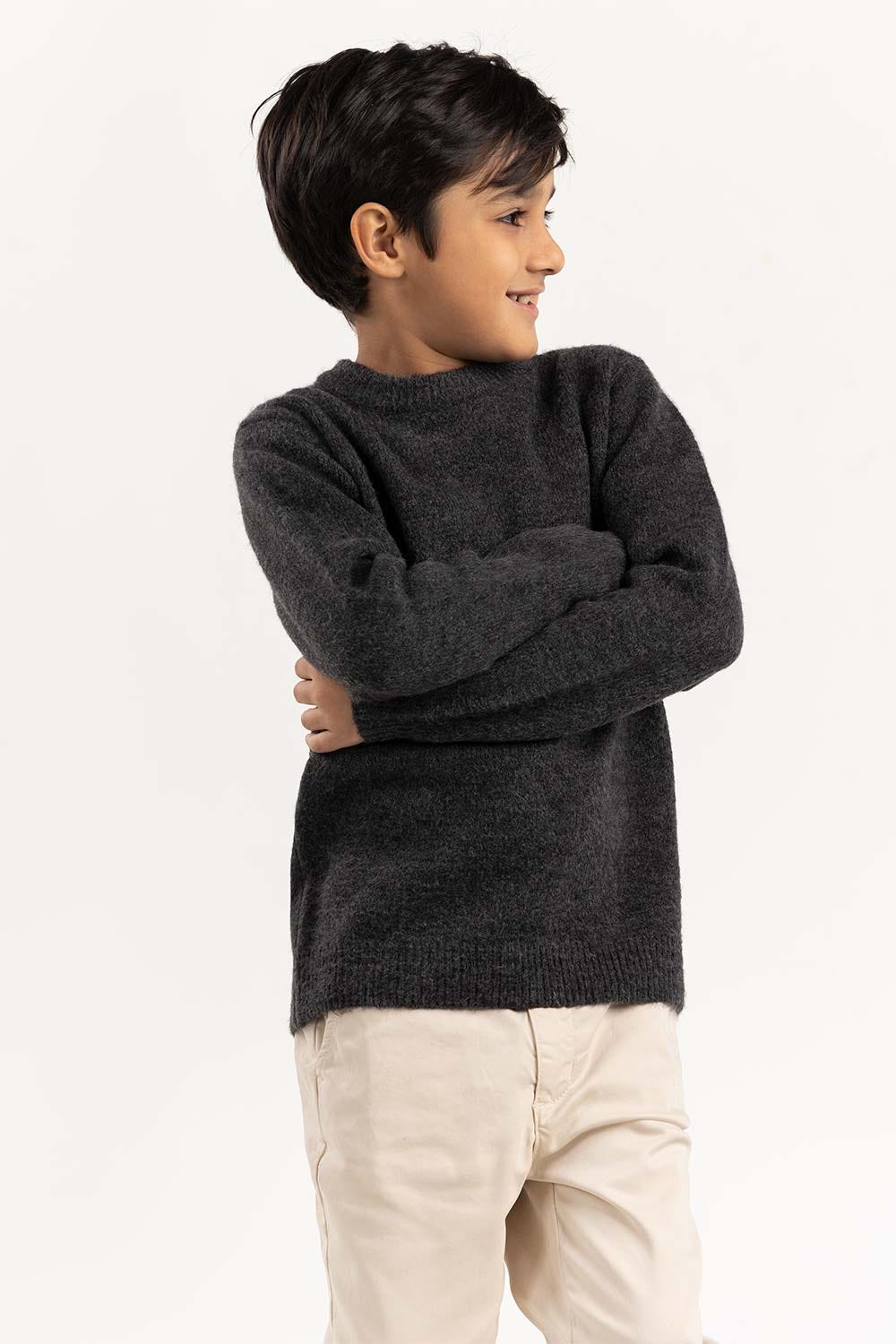 Junior Boy Dark Grey Knit Sweater With A Round Neck 224-311-009