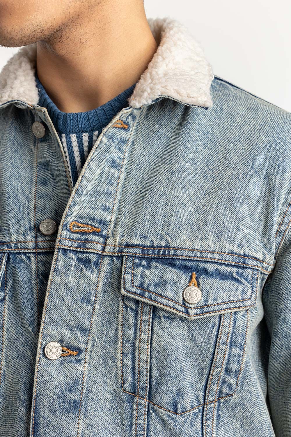 Blue Denim Jacket With Faux Shearling 224-110-032