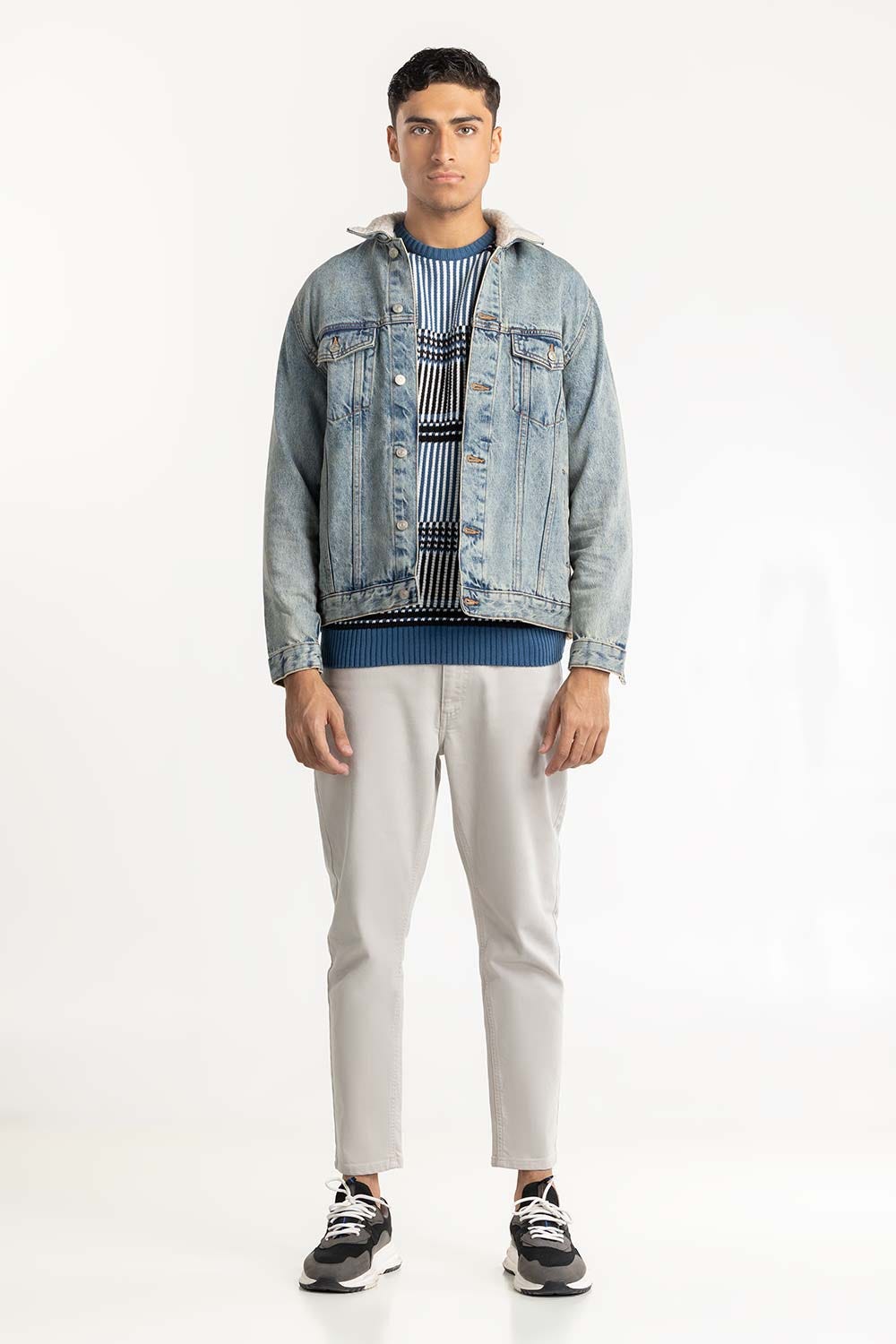 Blue Denim Jacket With Faux Shearling 224-110-032